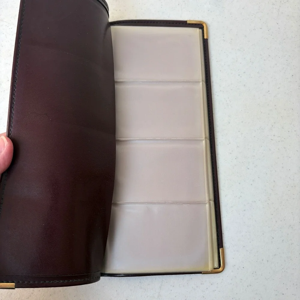 Vintage‎ Burgundy Leather Business Card Holder Gold Corner Slim Card Organizer